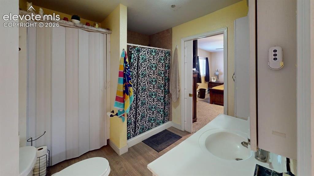 Image 14 of 23: Single vanity with integrated sink, wood-finish flooring, and a shower with