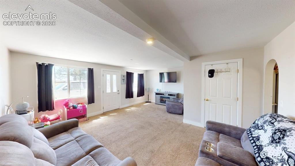 Image 9 of 23: Carpeted living space with multiple windows, a white paneled door, and an a