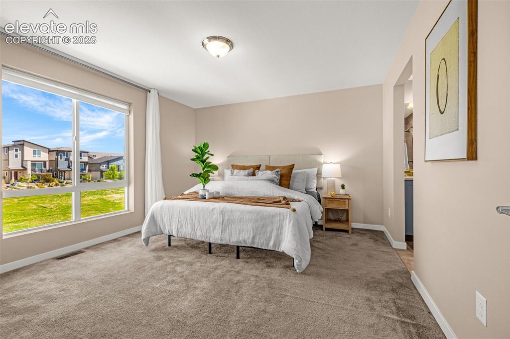 Image 16 of 28: Carpeted bedroom featuring a large window, a ceiling-mounted light fixture,