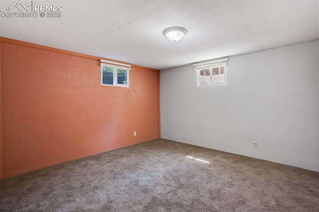 Image 22 of 35: Below grade area with a textured wall and carpet flooring