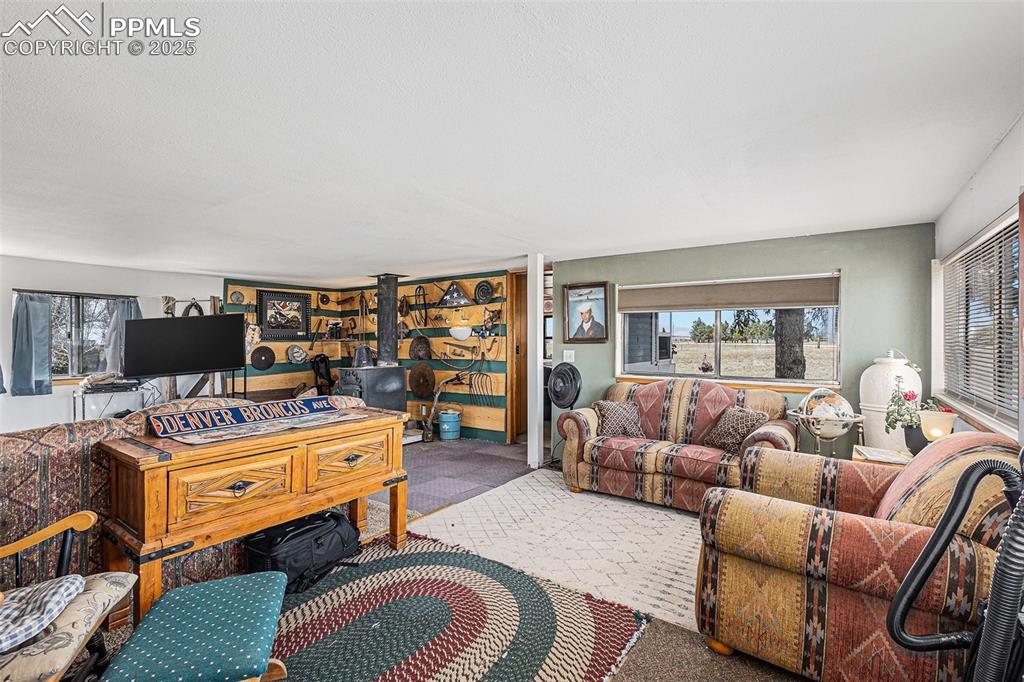 Image 4 of 25: Living area with carpet floors and a wood stove