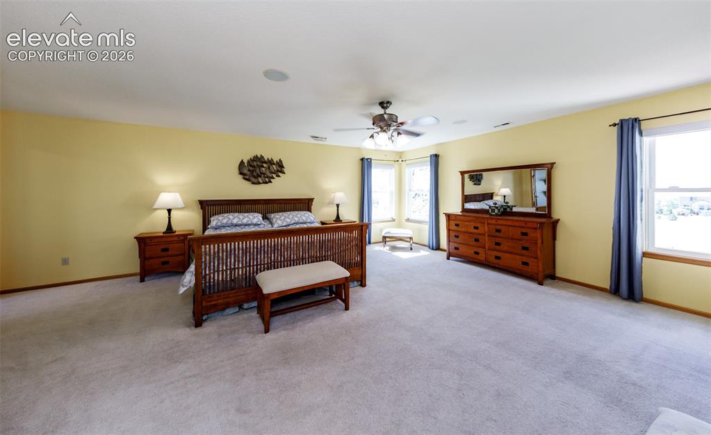 Image 23 of 48: Expansive carpeted room with multiple windows, a ceiling fan, and recessed 
