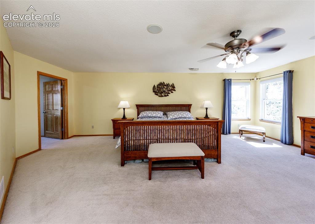 Image 24 of 48: Spacious room with light-colored carpeting, multiple windows, and a ceiling
