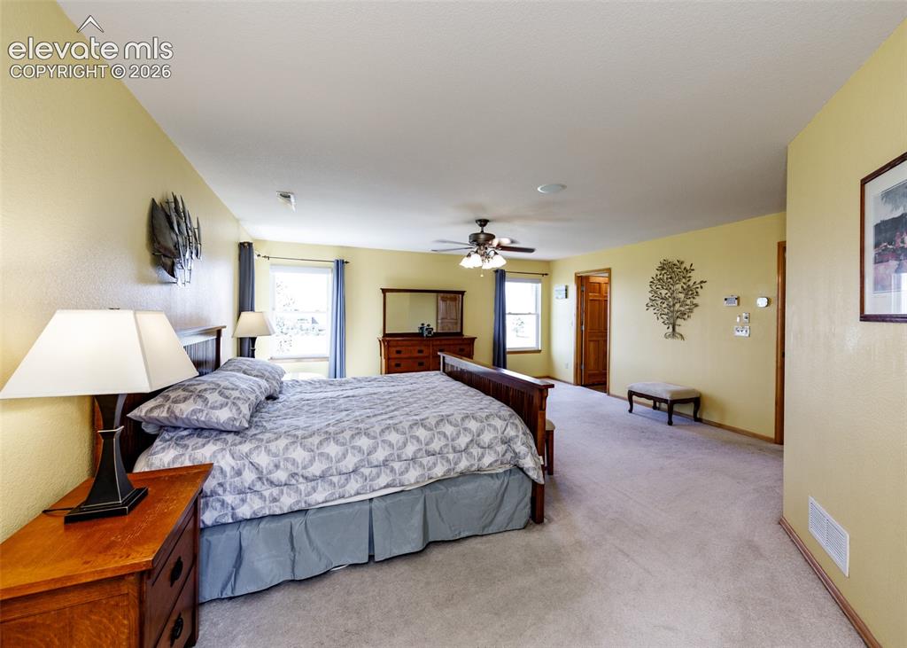Image 25 of 48: Spacious room featuring carpeted flooring, multiple windows with drapes, a 