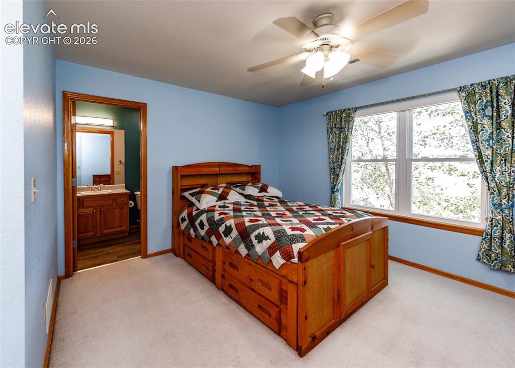 Image 29 of 48: Light-toned carpeting, window with natural light, and ceiling fan with inte