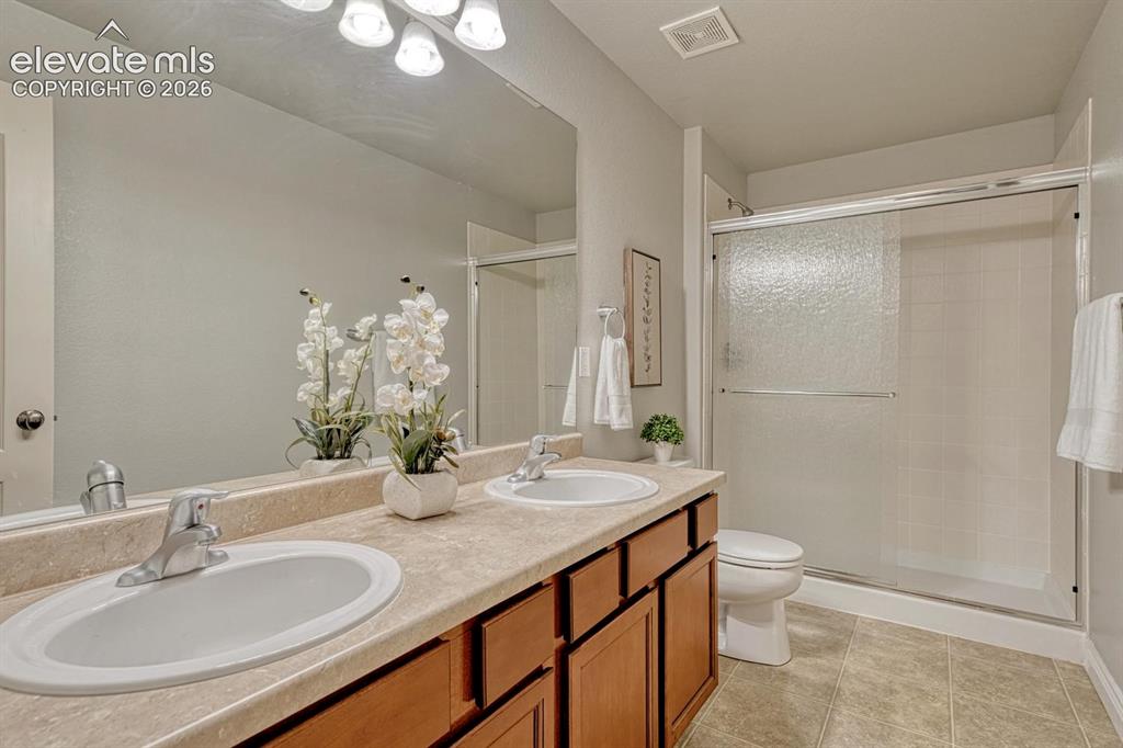 Image 36 of 50: The Basement Shower Bathroom features vinyl flooring, a dual sink vanity, m