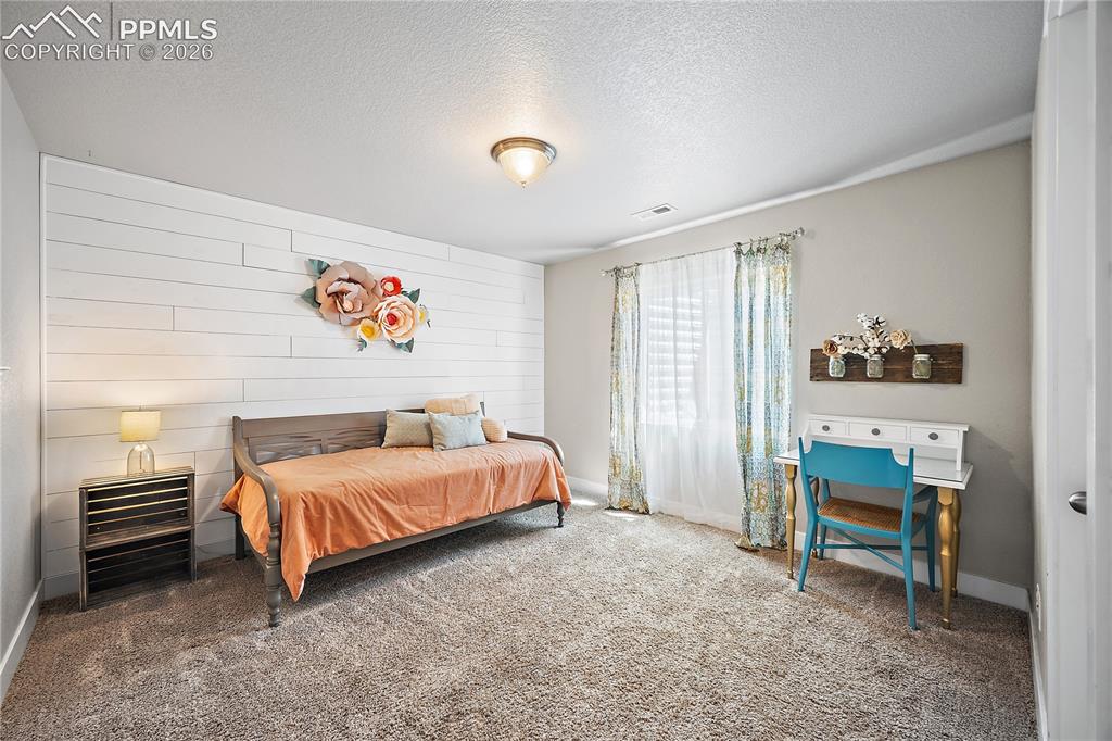 Image 27 of 44: Basement bedroom with shiplap feature wall and walk in closet. 