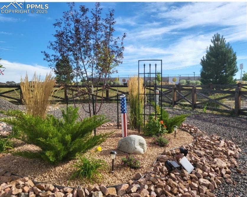 Image 10 of 50: Low maintenance decorative xeriscaped fenced back yard