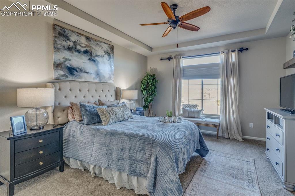 Image 4 of 50: Bedroom featuring a raised ceiling, light colored carpet, and ceiling fan
