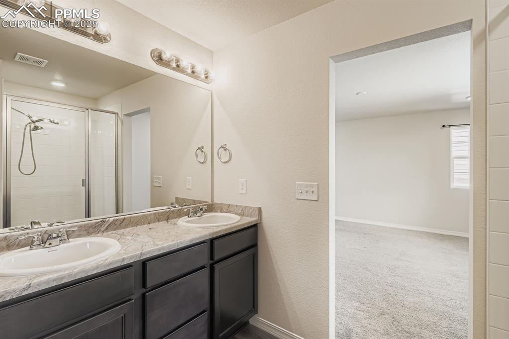 Image 12 of 26: Bathroom with double vanity, a shower stall, dark carpet, and a textured wa