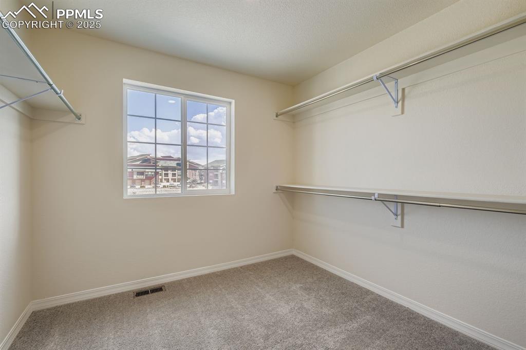 Image 9 of 26: Walk in closet featuring light carpet