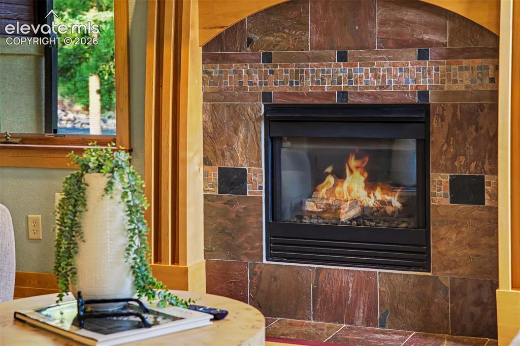 Image 16 of 50: The gas fireplace creates a warm focal point for the main living area.