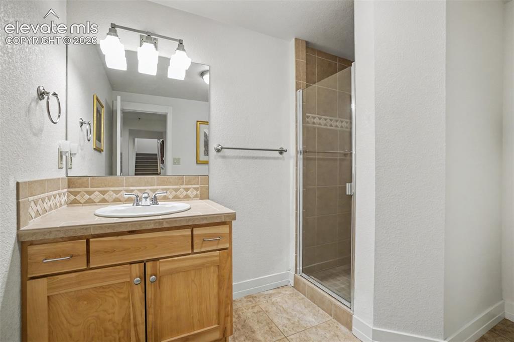 Image 39 of 50: The basement full bathroom includes a large vanity, walk-in shower and easy