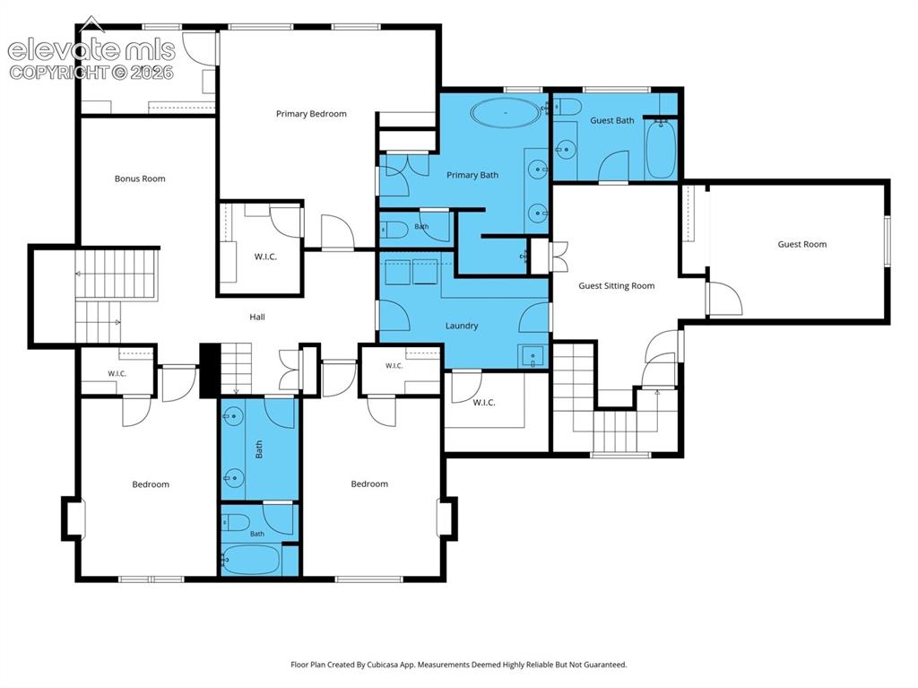 Image 48 of 50: The upper-level floor plan highlights the primary suite, 2 identical bedroo