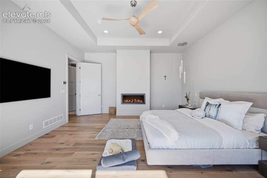 Image 28 of 50: Tray ceiling with recessed lighting and a wood-finish ceiling fan, linear f