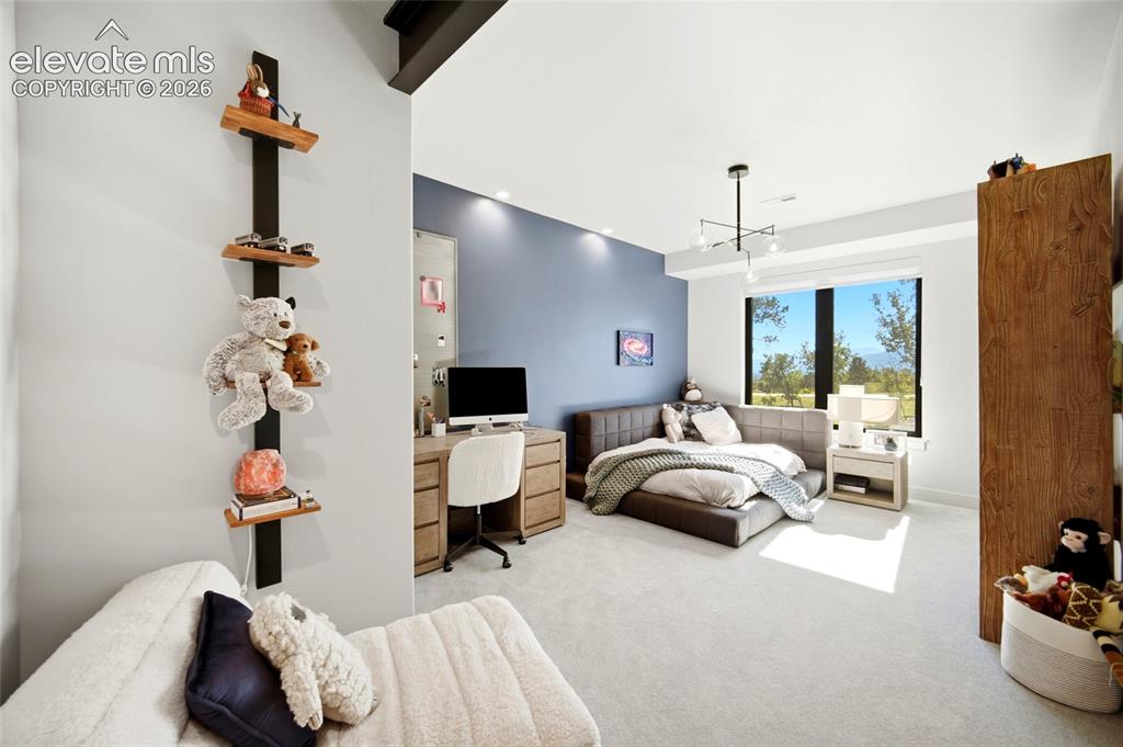 Image 47 of 50: Carpeted flooring with a neutral wall color, built-in shelving, large windo