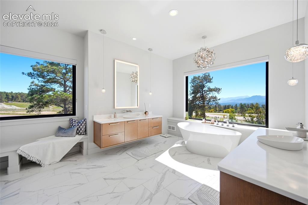 Image 8 of 50: Freestanding soaking tub with mountain scenery, dual floating vanities, ill