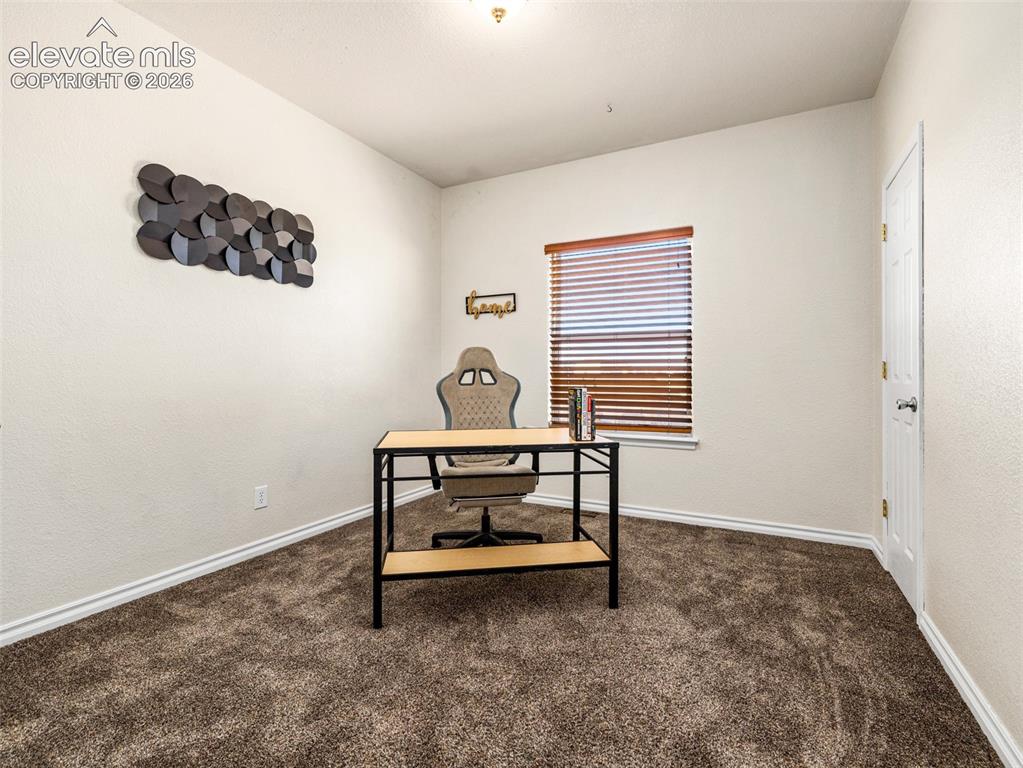 Image 15 of 49: Textured wall finish, brown carpeting, window with wood-toned blinds, white