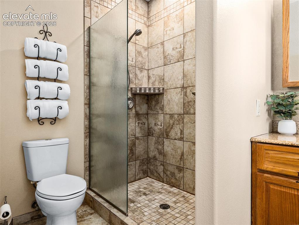 Image 47 of 49: Glass-enclosed shower with tiled walls and a built-in shelf