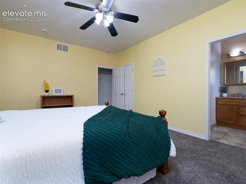 Image 49 of 49: Ceiling fan with lighting, light-toned wall paint, carpet flooring, bi-fold