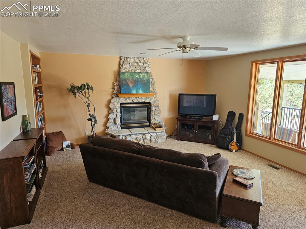 Image 11 of 44: Carpeted living area featuring a fireplace, a textured ceiling, and a ceili