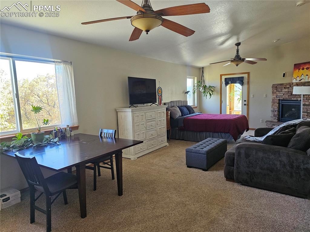 Image 17 of 44: Master bedroom with ceiling fan, a stone fireplace, access to exterior, lof