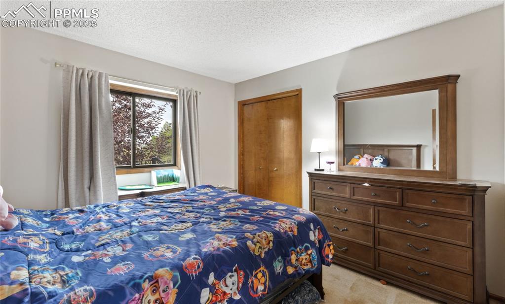 Image 17 of 21: Bedroom featuring light carpet, a textured ceiling, and a closet