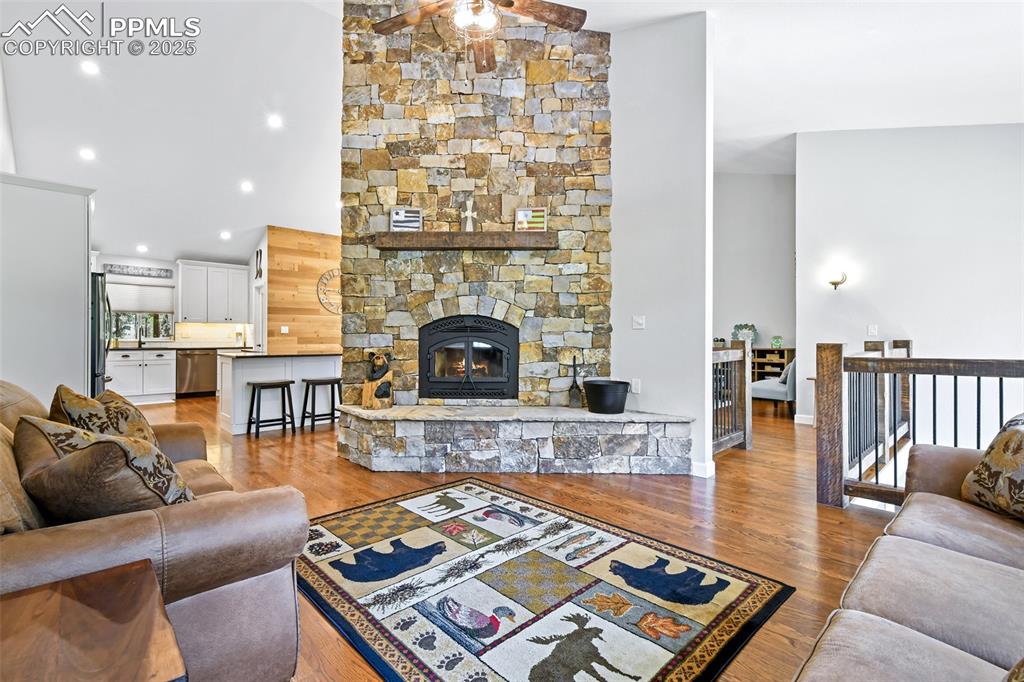 Image 15 of 50: Stacked Stone fireplace 
