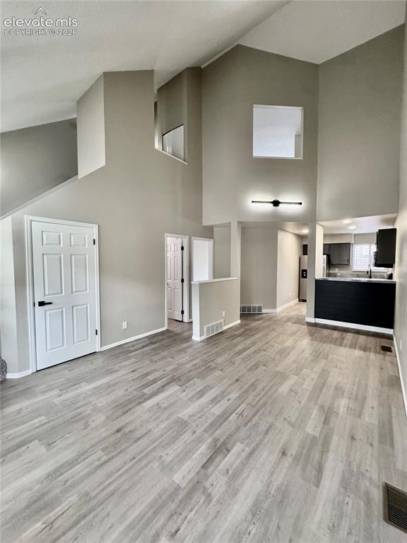 Image 4 of 20: Vaulted ceilings with architectural wall cut-outs, gray wood-finish floorin