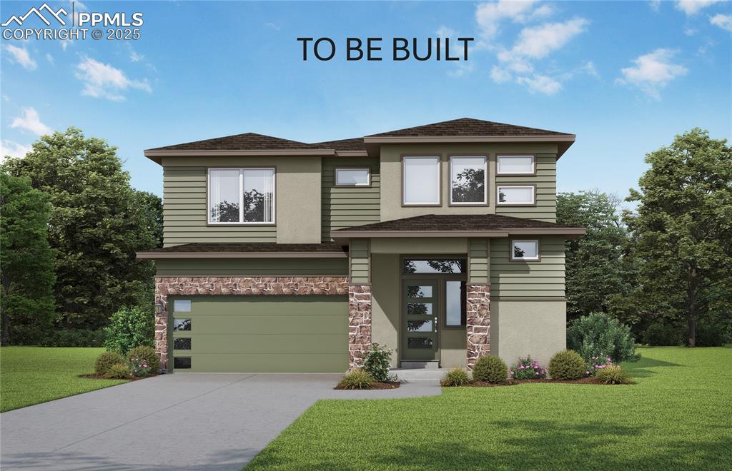 Caption: Prairie-style home featuring a front yard, a shingled roof, driveway, a garage, and stone siding