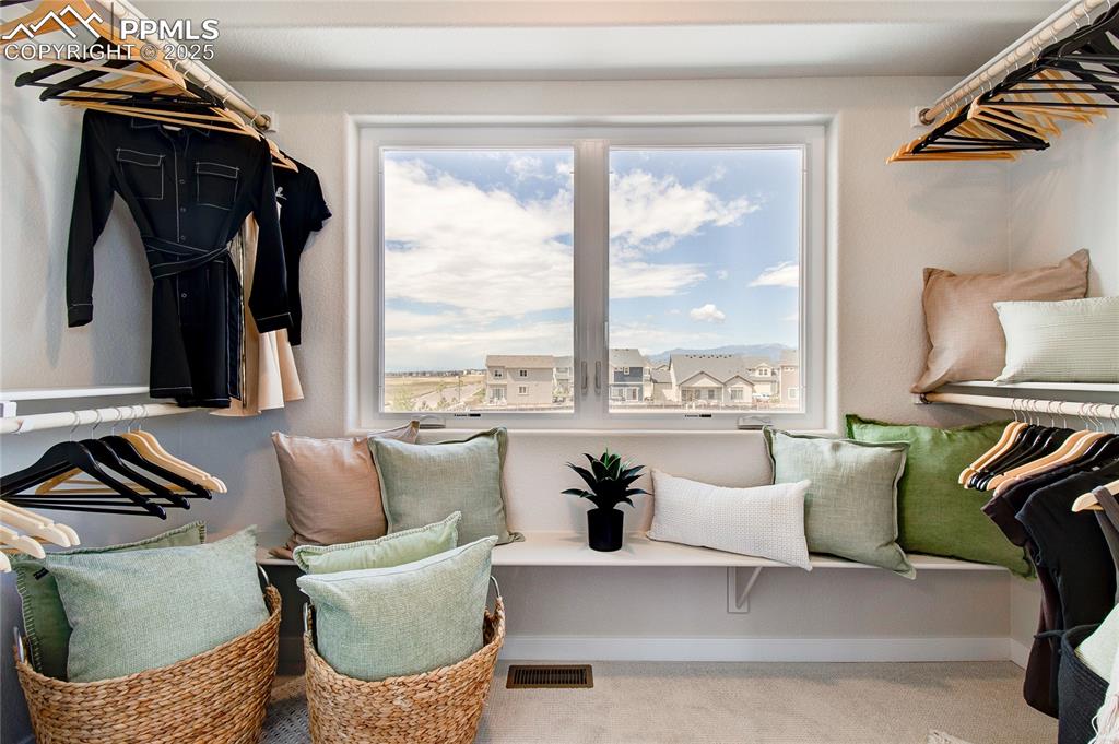 Image 14 of 32: Spacious closet featuring light colored carpet