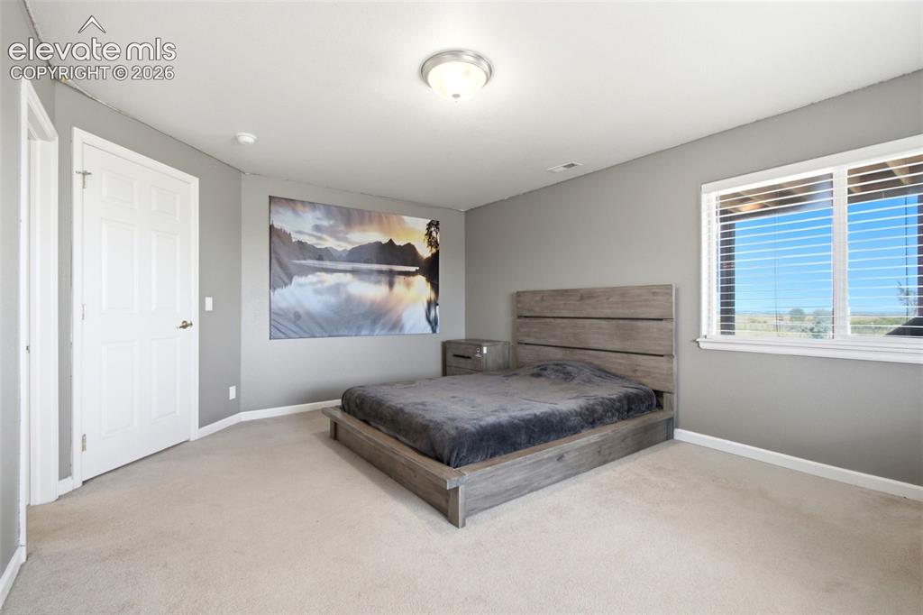 Image 27 of 44: Spacious primary bedroom with neutral gray walls, light wood-finish floorin