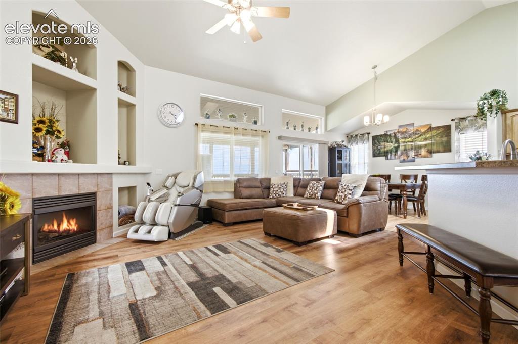 Image 9 of 44: Vaulted ceilings, wood-finish flooring, built-in shelving, tiled fireplace 