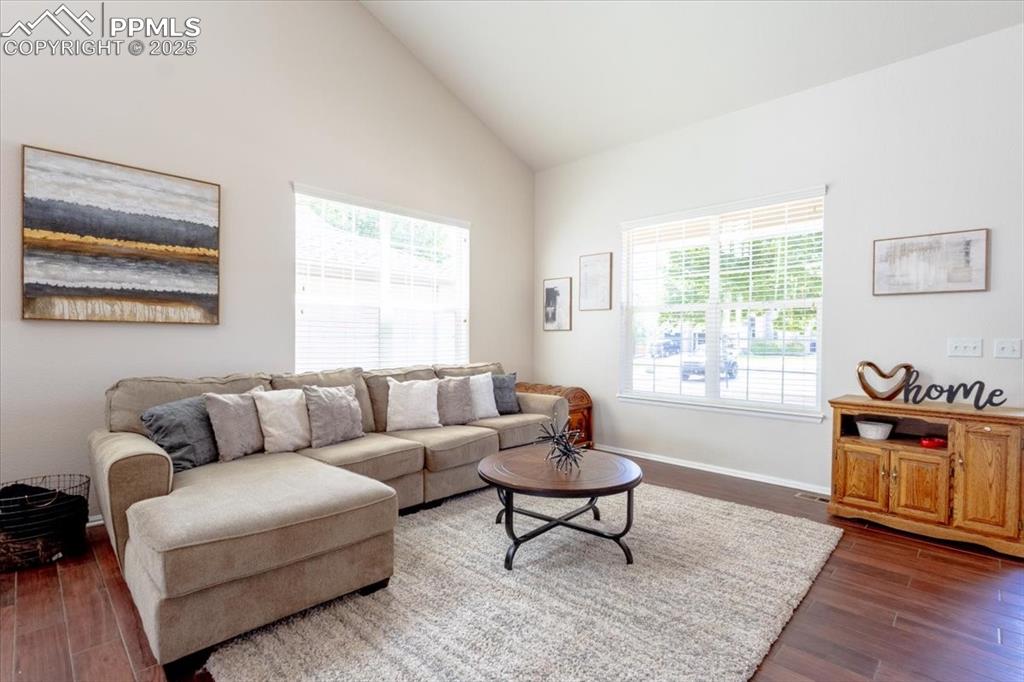 Image 6 of 30: Living room with dark wood-type flooring and high vaulted ceiling