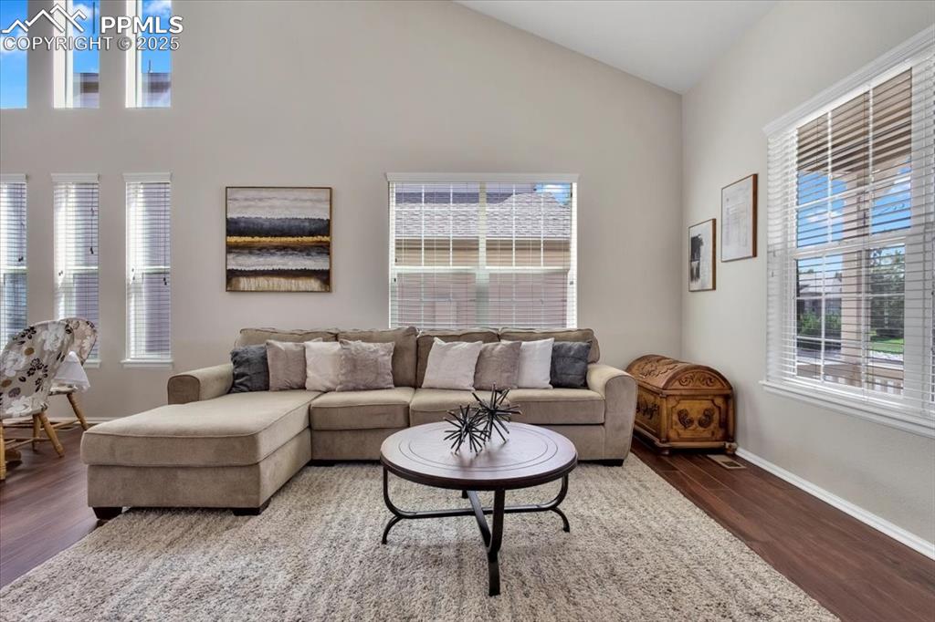Image 7 of 30: Living room featuring wood finished floors and high vaulted ceiling