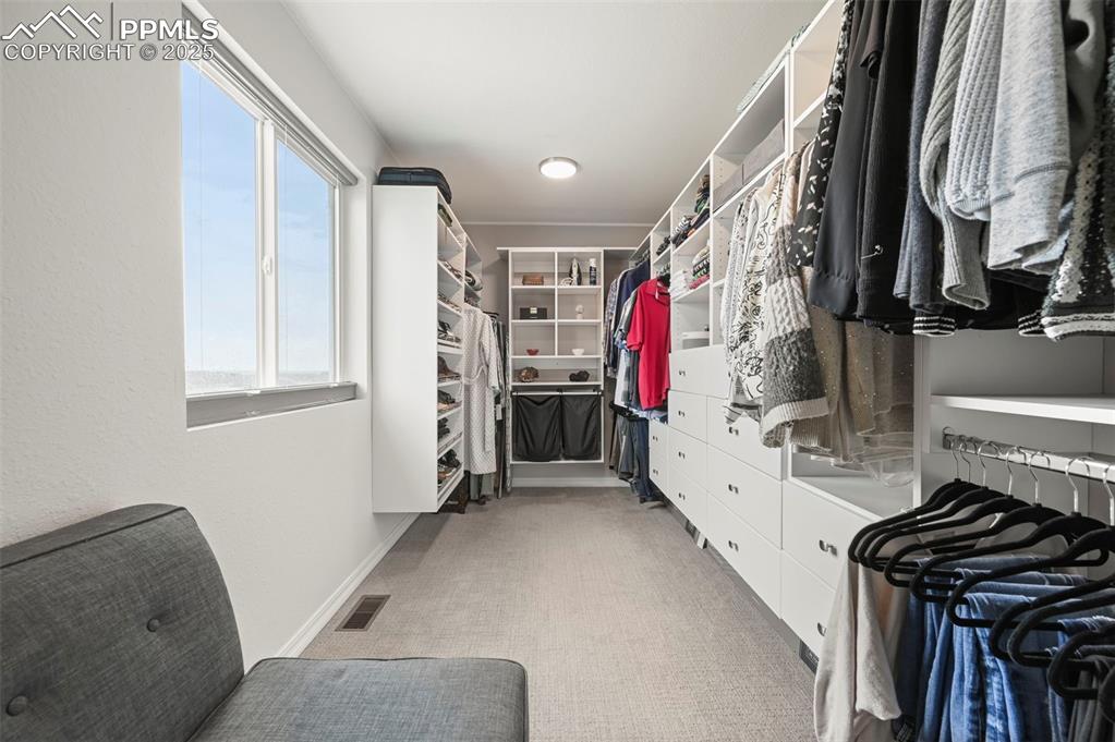 Image 20 of 50: Primary Spacious closet featuring carpet flooring, customized shelving and 