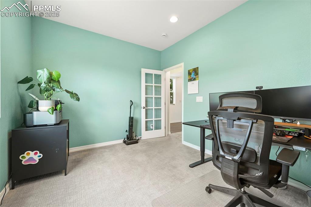 Image 33 of 50: Bedroom 4 or Office featuring french doors and carpet flooring