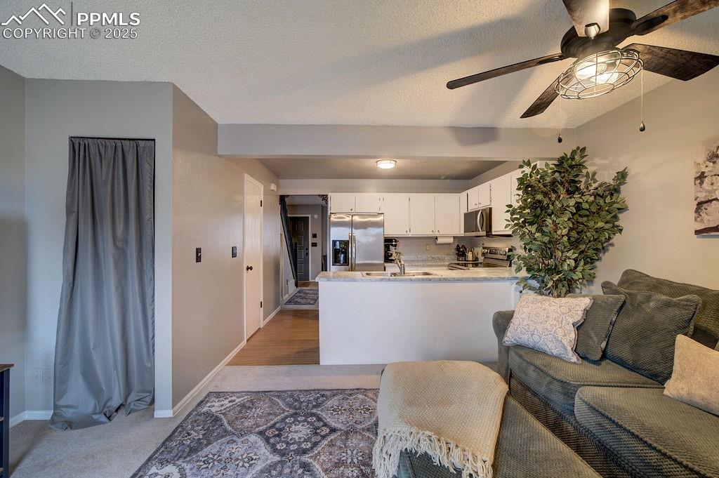 Image 17 of 48: Living room with ceiling fan and a textured ceiling