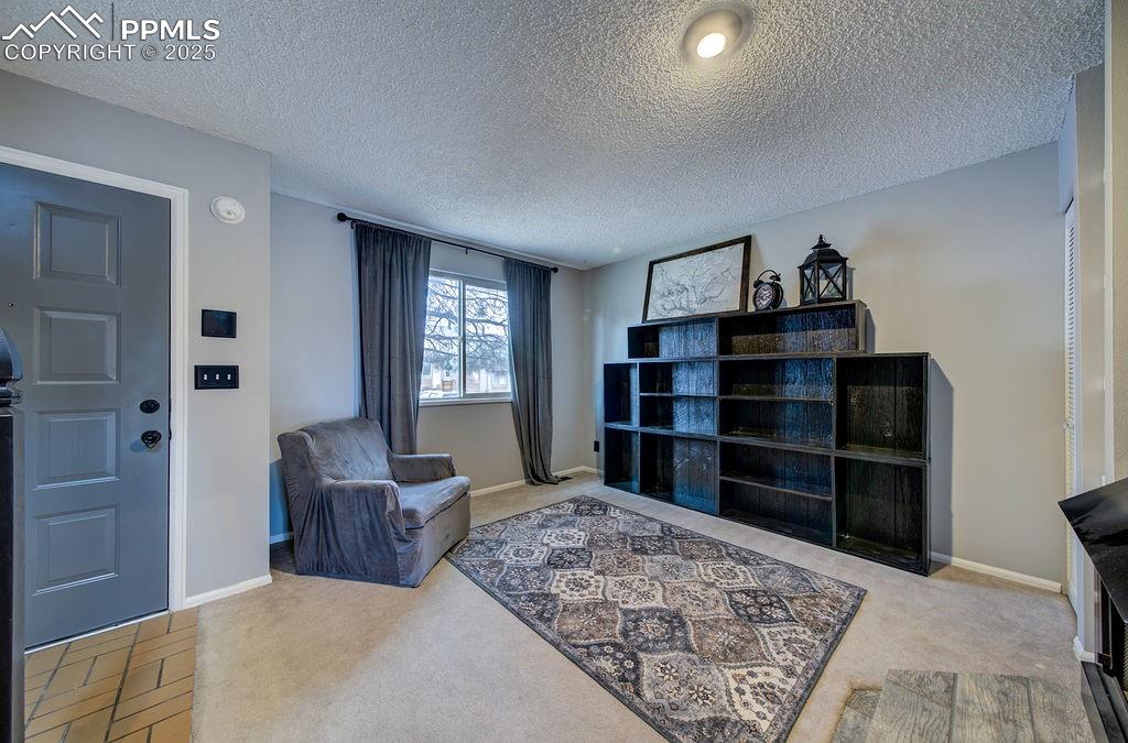 Image 8 of 48: Sitting room featuring a textured ceiling and light colored carpet