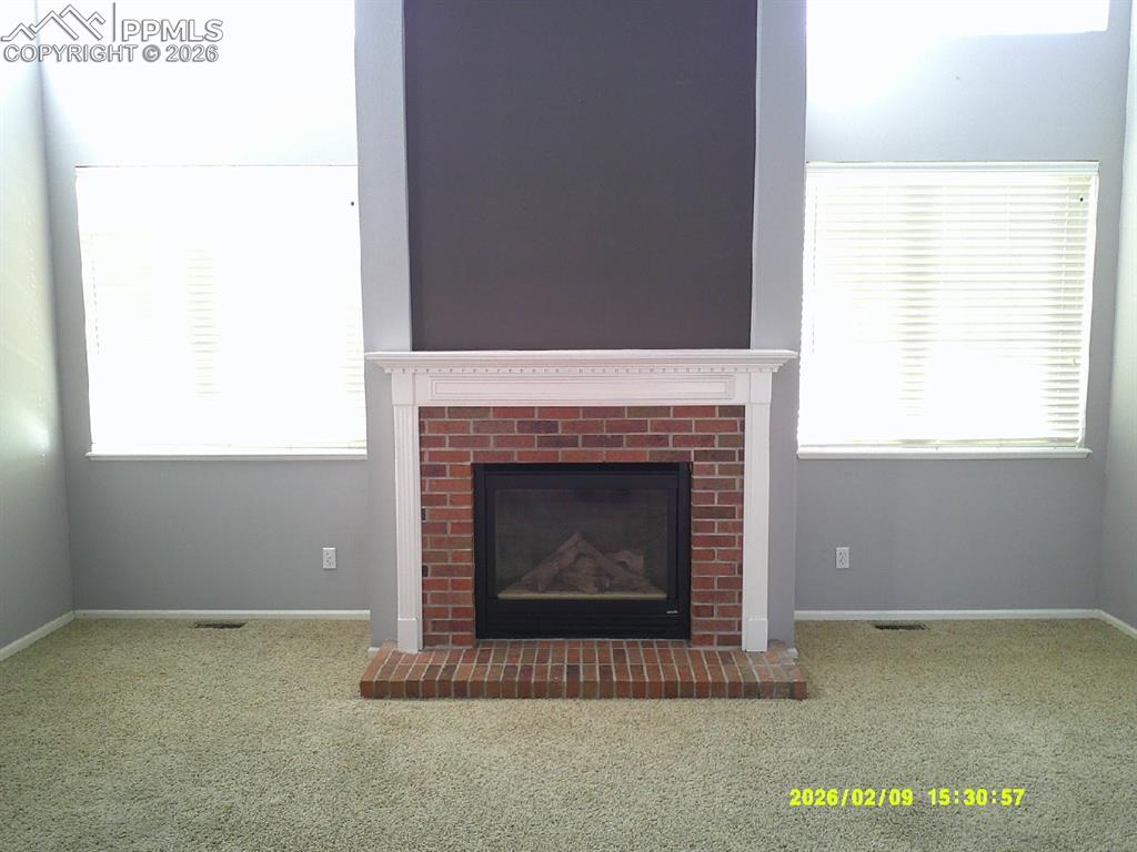Image 4 of 21: Detailed view of carpet flooring and a fireplace with raised hearth