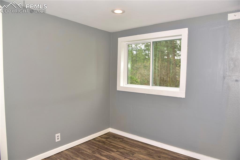 Image 22 of 46: Spare room featuring baseboards, dark wood-style flooring, and recessed lig