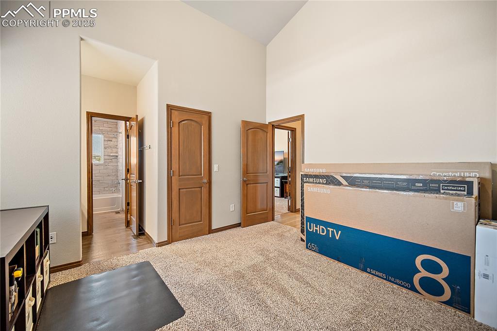 Image 24 of 50: Main level bedroom #3 with carpett, attached Jack-n-Jill bath and walk in c