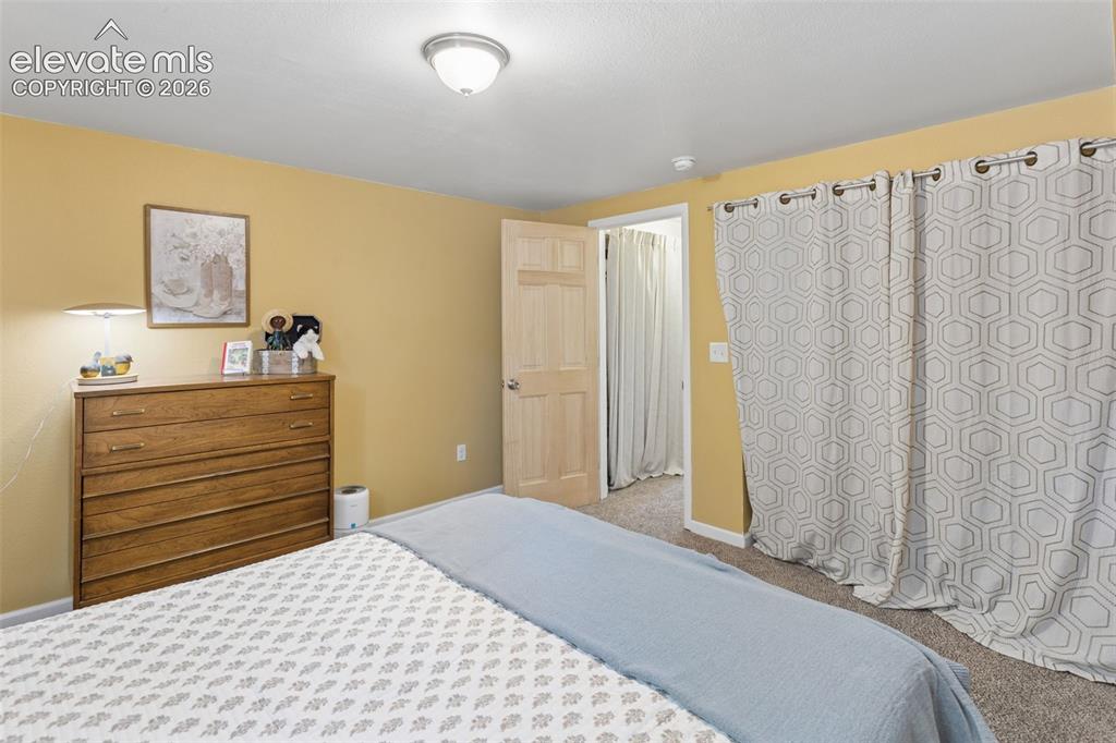 Image 28 of 50: Carpeted flooring, paneled interior door, and flush-mount ceiling light fix