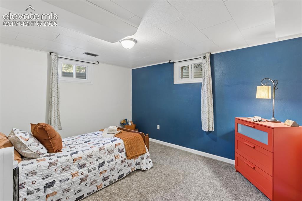 Image 36 of 50: Carpeted flooring, white walls, a blue accent wall, and a ceiling-mounted l