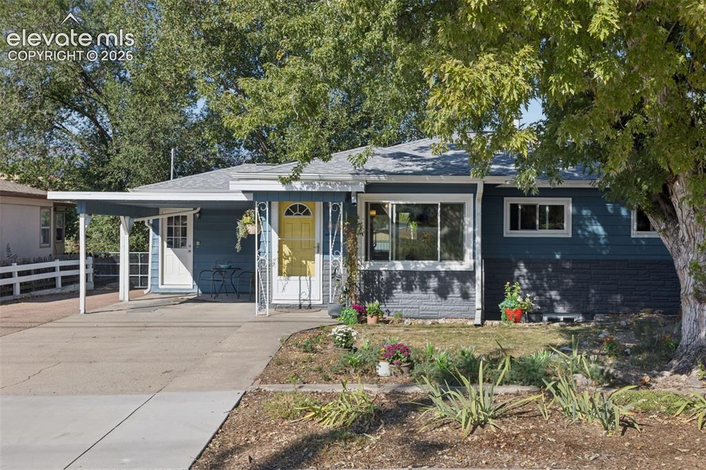 Image 7 of 50: Single-story residence featuring a covered carport, a bright yellow front d