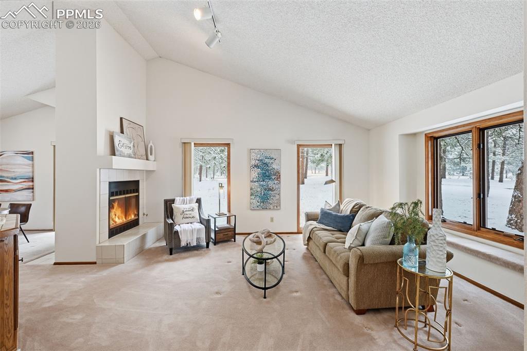 Image 16 of 45: Large living room with gas fireplace and vaulted ceilings!