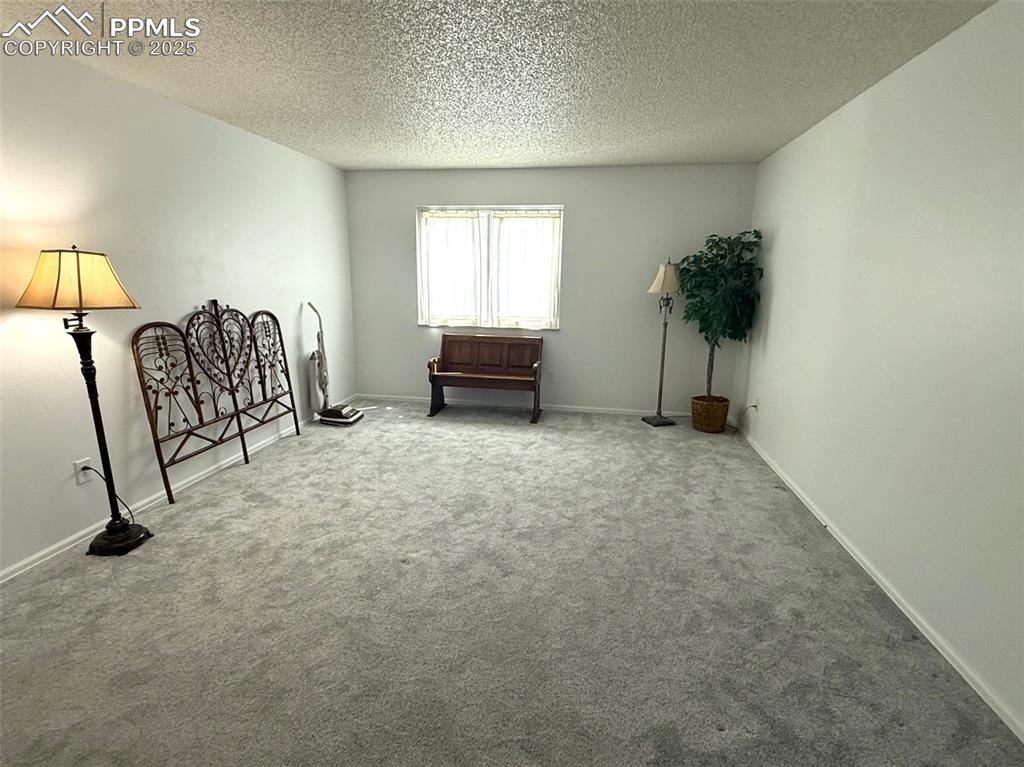 Image 7 of 11: Sitting room featuring a textured ceiling and carpet floors
