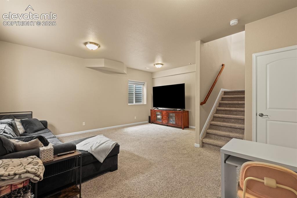 Image 21 of 38: Spacious Basement Family Room with neutral carpet.