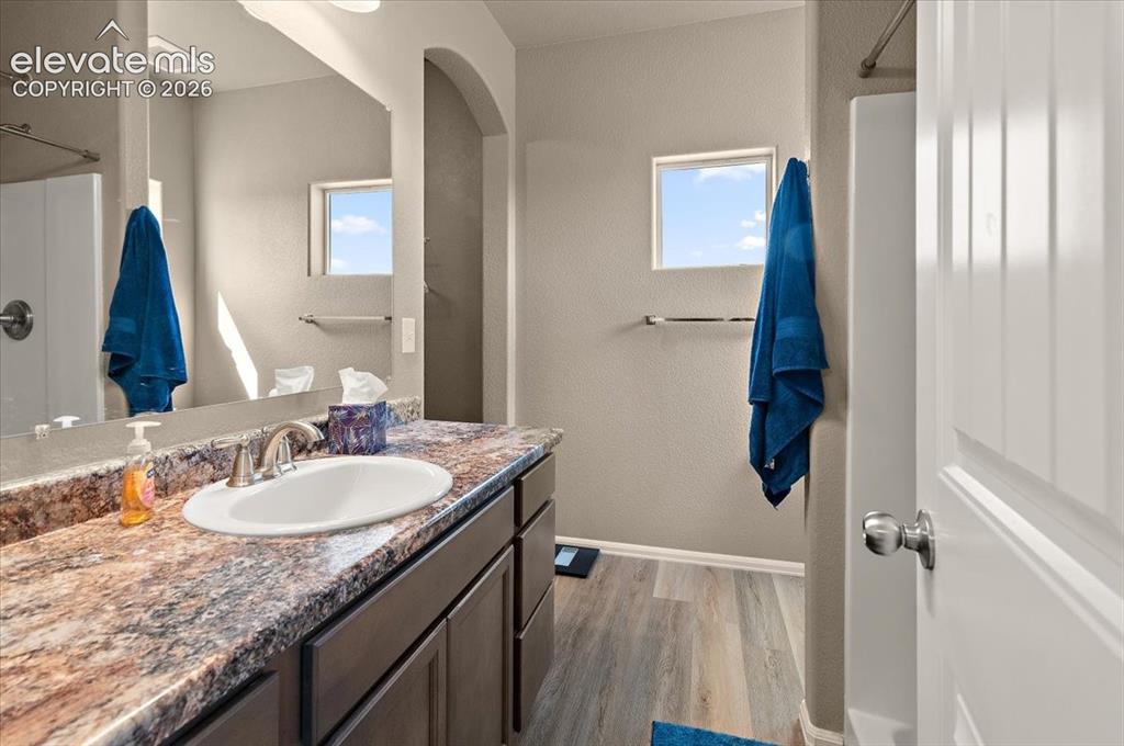 Image 16 of 36: Vanity with integrated sink, wood-finish flooring, built-in cabinetry, and