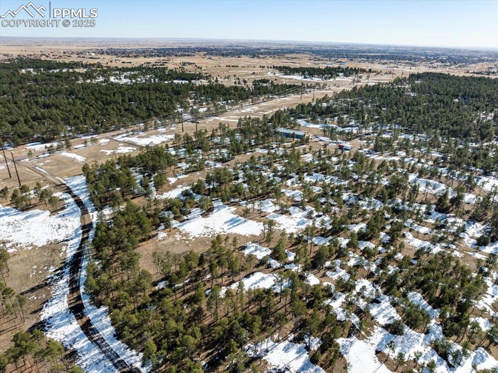 Image 17 of 25: Aerial view featuring a wooded view